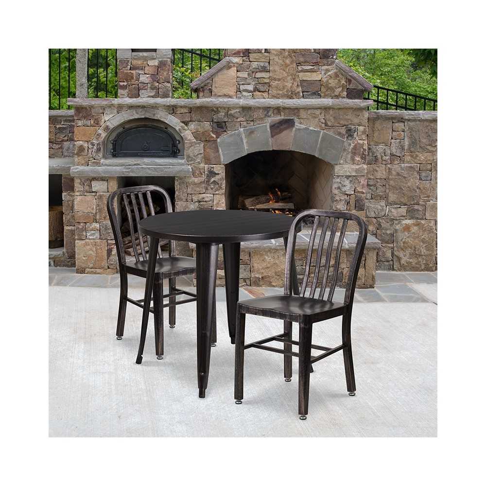 Commercial Grade 30" Round Black-Antique Gold Metal Indoor-Outdoor Table Set with 2 Vertical Slat Back Chairs