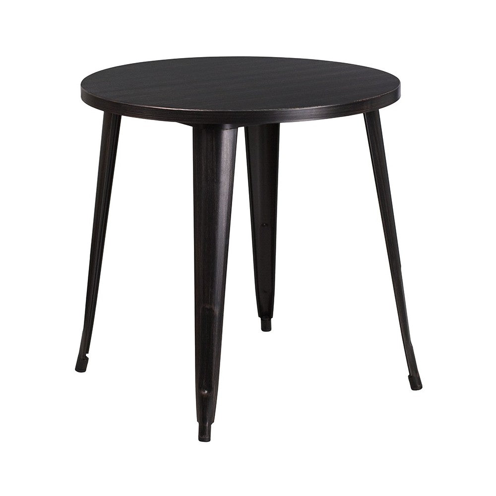 Commercial Grade 30" Round Black-Antique Gold Metal Indoor-Outdoor Table Set with 2 Vertical Slat Back Chairs