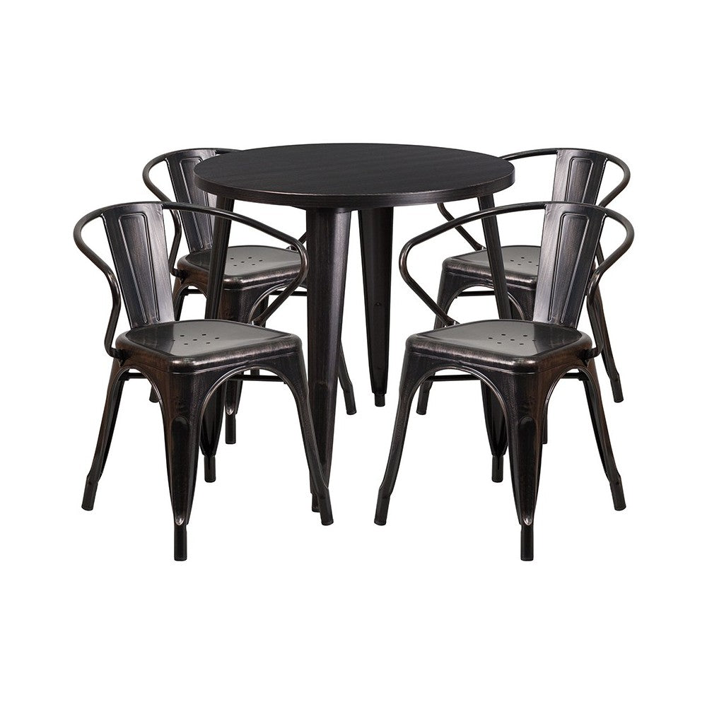 Commercial Grade 30" Round Black-Antique Gold Metal Indoor-Outdoor Table Set with 4 Arm Chairs