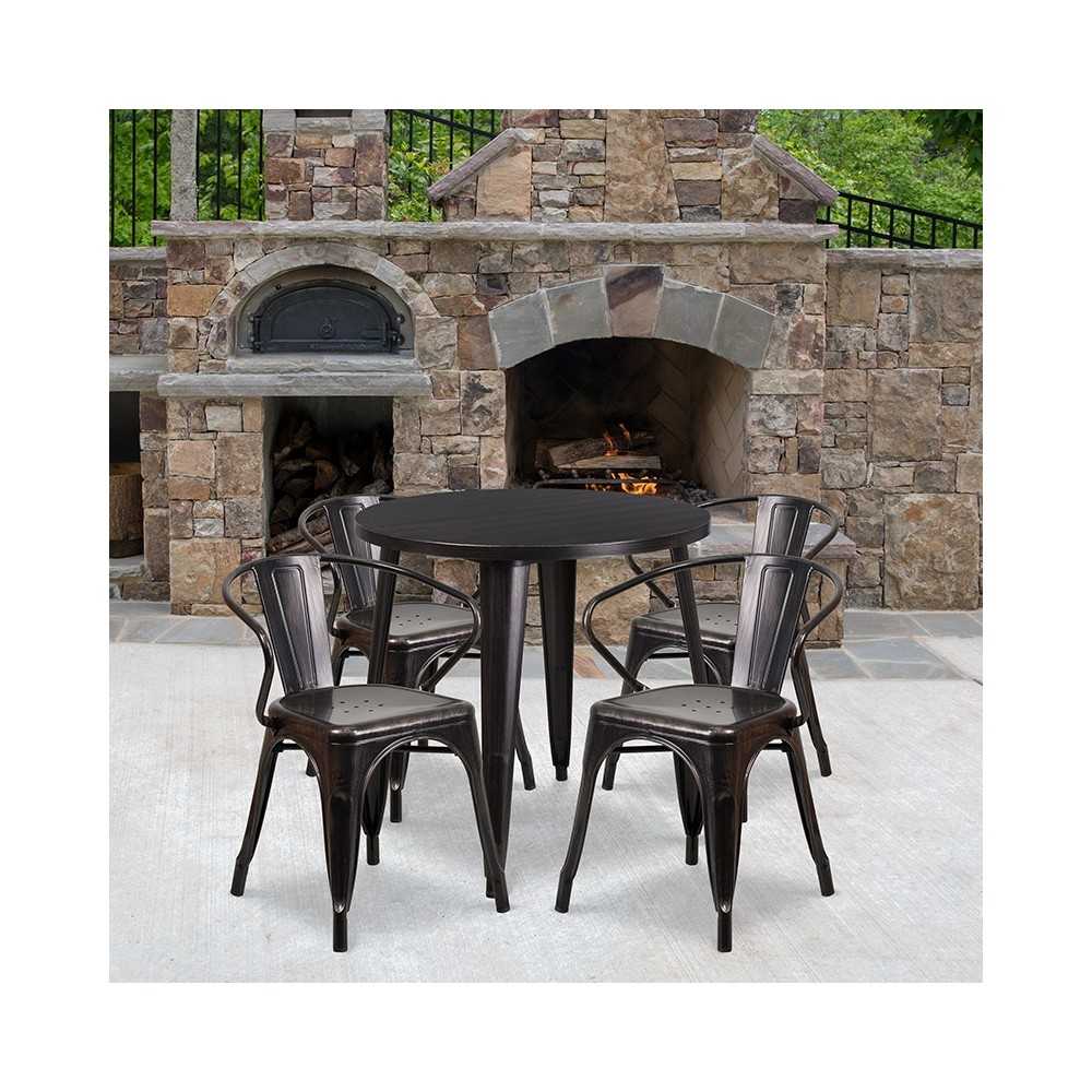 Commercial Grade 30" Round Black-Antique Gold Metal Indoor-Outdoor Table Set with 4 Arm Chairs