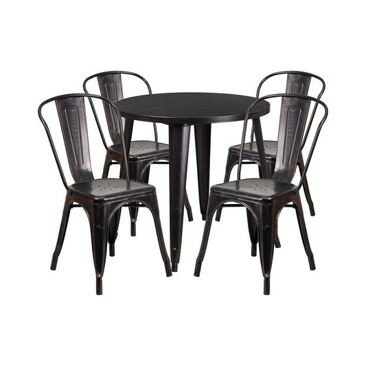 Commercial Grade 30" Round Black-Antique Gold Metal Indoor-Outdoor Table Set with 4 Cafe Chairs