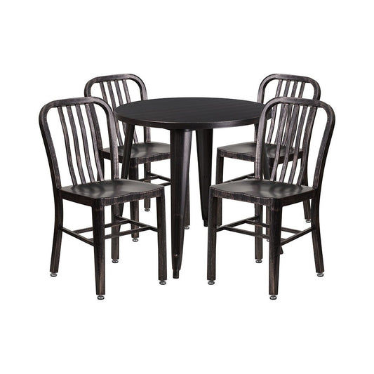 Commercial Grade 30" Round Black-Antique Gold Metal Indoor-Outdoor Table Set with 4 Vertical Slat Back Chairs