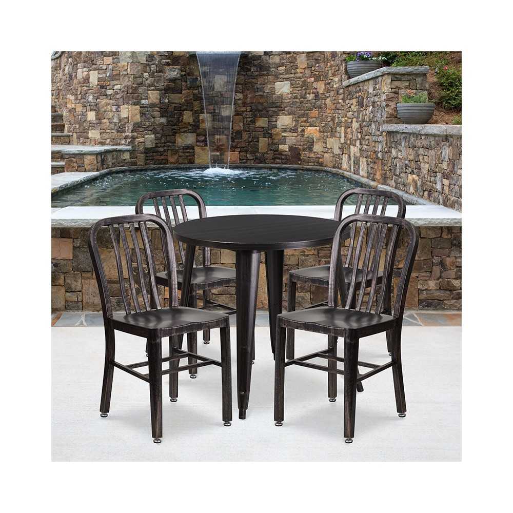 Commercial Grade 30" Round Black-Antique Gold Metal Indoor-Outdoor Table Set with 4 Vertical Slat Back Chairs