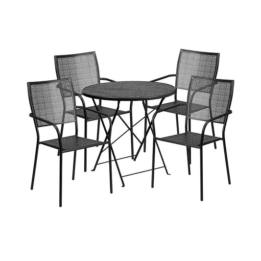 Commercial Grade 30" Round Black Indoor-Outdoor Steel Folding Patio Table Set with 4 Square Back Chairs