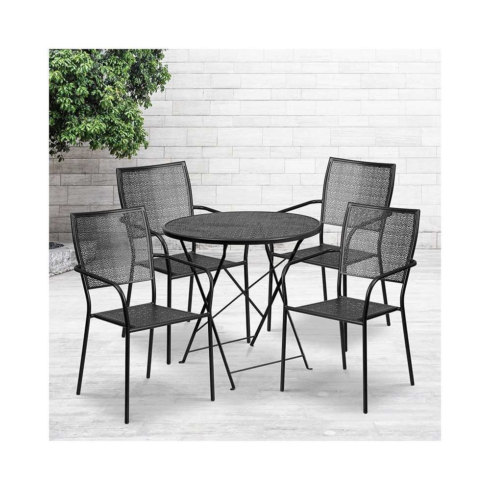 Commercial Grade 30" Round Black Indoor-Outdoor Steel Folding Patio Table Set with 4 Square Back Chairs