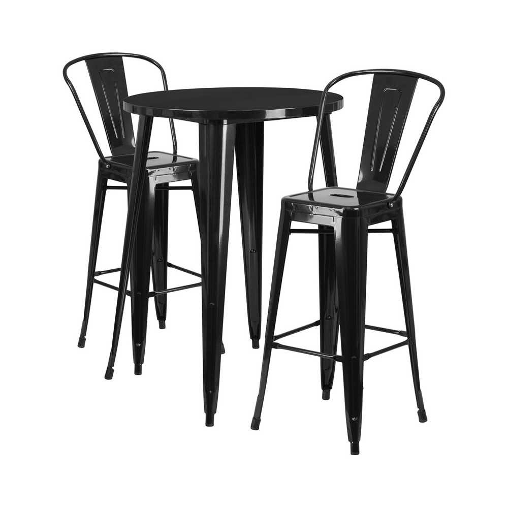 Commercial Grade 30" Round Black Metal Indoor-Outdoor Bar Table Set with 2 Cafe Stools