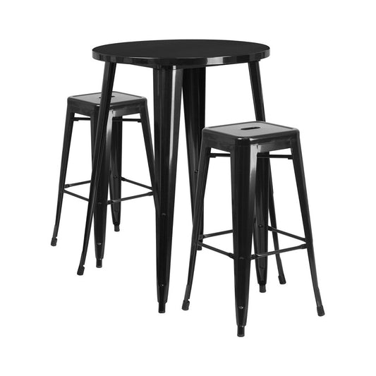 Commercial Grade 30" Round Black Metal Indoor-Outdoor Bar Table Set with 2 Square Seat Backless Stools