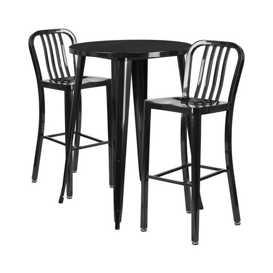 Commercial Grade 30" Round Black Metal Indoor-Outdoor Bar Table Set with 2 Vertical Slat Back Stools