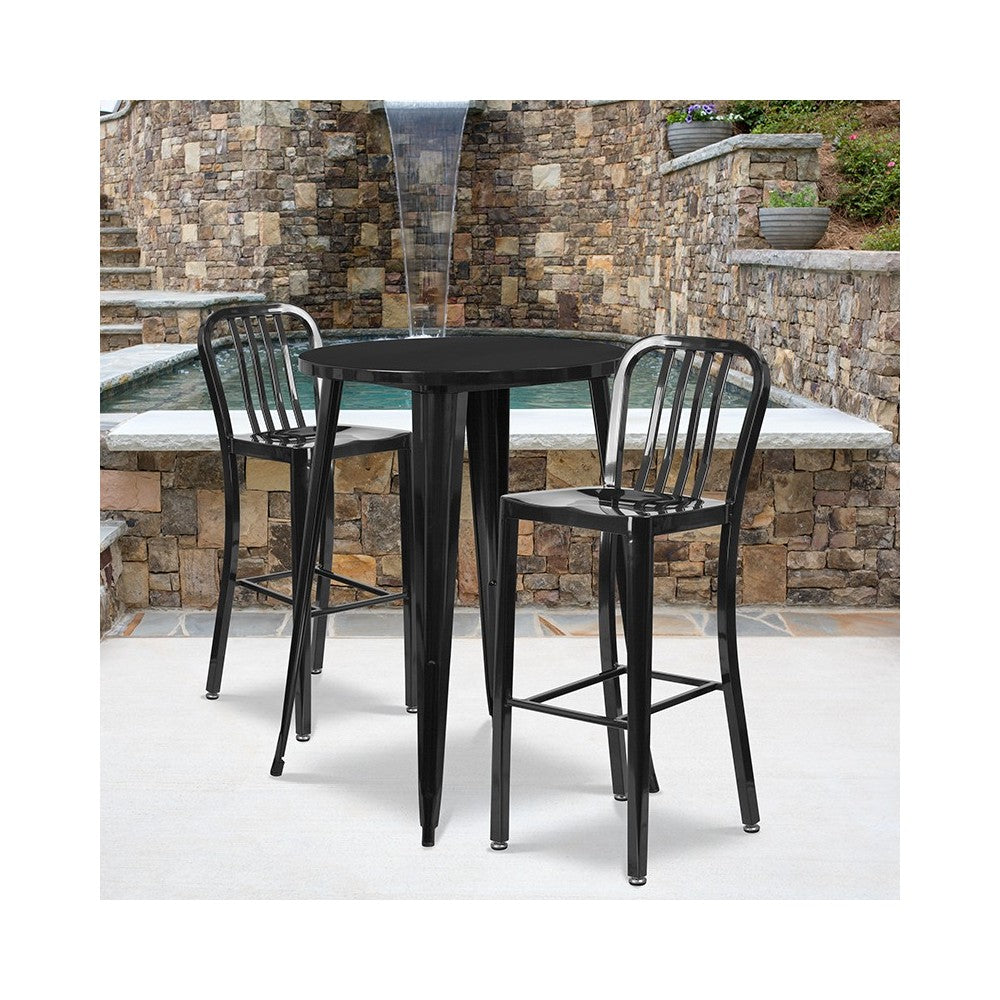 Commercial Grade 30" Round Black Metal Indoor-Outdoor Bar Table Set with 2 Vertical Slat Back Stools