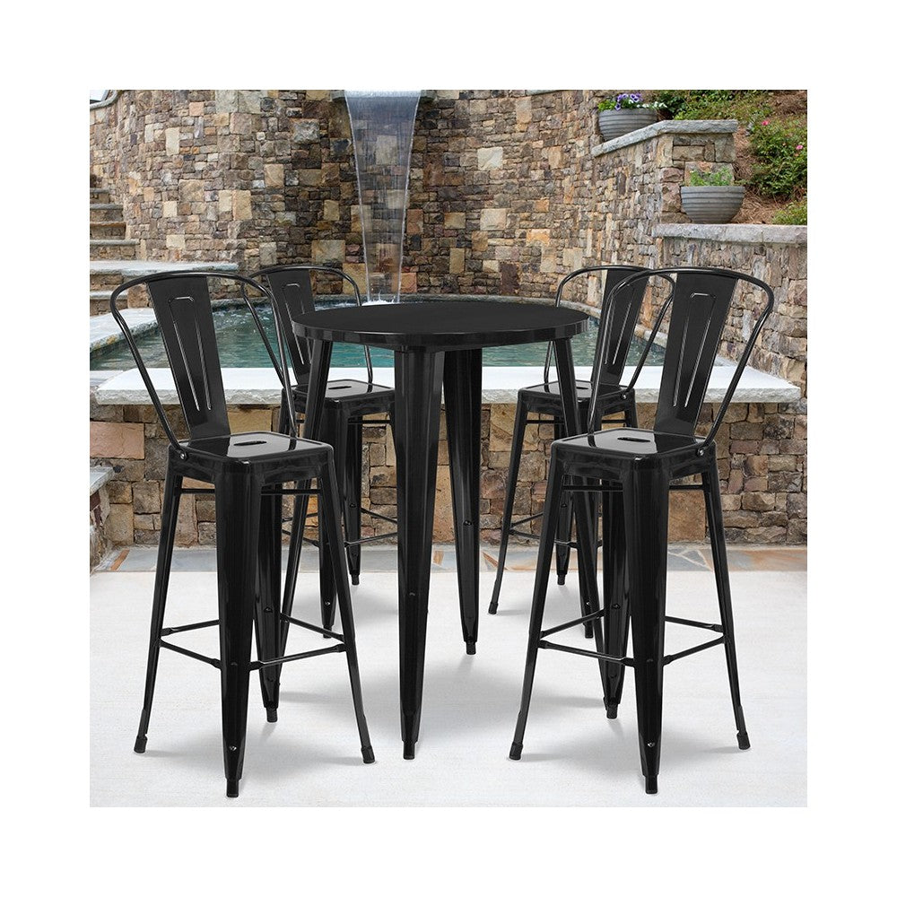 Commercial Grade 30" Round Black Metal Indoor-Outdoor Bar Table Set with 4 Cafe Stools