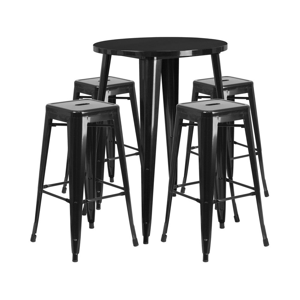 Commercial Grade 30" Round Black Metal Indoor-Outdoor Bar Table Set with 4 Square Seat Backless Stools