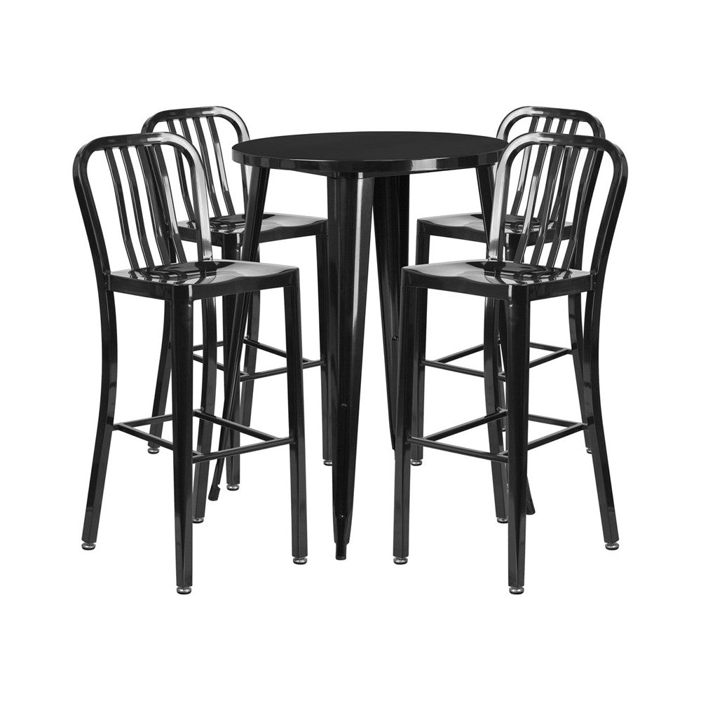 Commercial Grade 30" Round Black Metal Indoor-Outdoor Bar Table Set with 4 Vertical Slat Back Stools