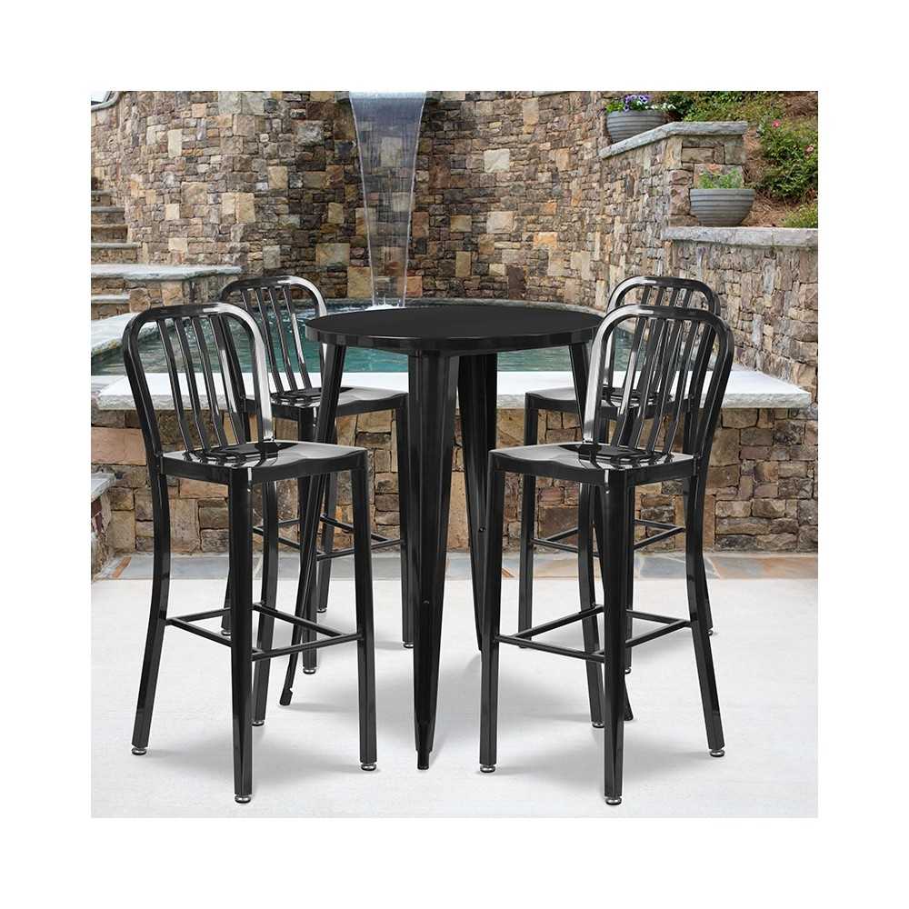 Commercial Grade 30" Round Black Metal Indoor-Outdoor Bar Table Set with 4 Vertical Slat Back Stools