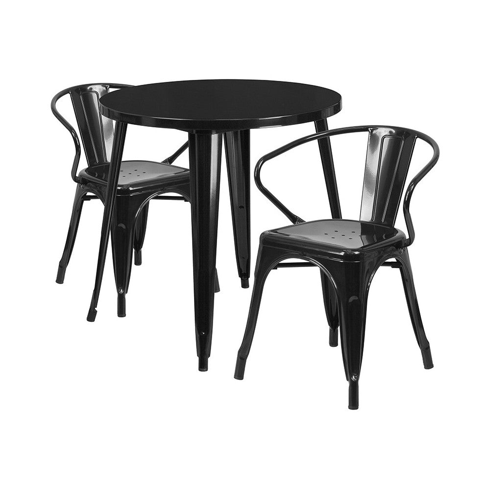 Commercial Grade 30" Round Black Metal Indoor-Outdoor Table Set with 2 Arm Chairs