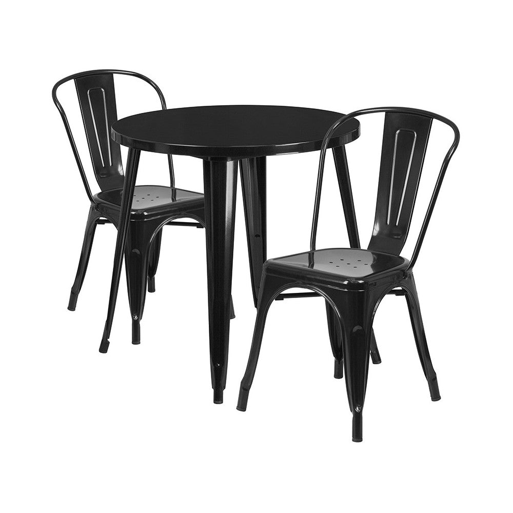 Commercial Grade 30" Round Black Metal Indoor-Outdoor Table Set with 2 Cafe Chairs