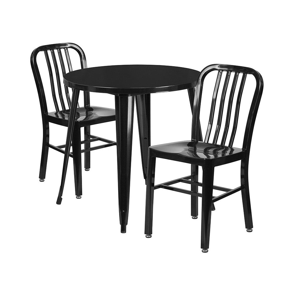 Commercial Grade 30" Round Black Metal Indoor-Outdoor Table Set with 2 Vertical Slat Back Chairs