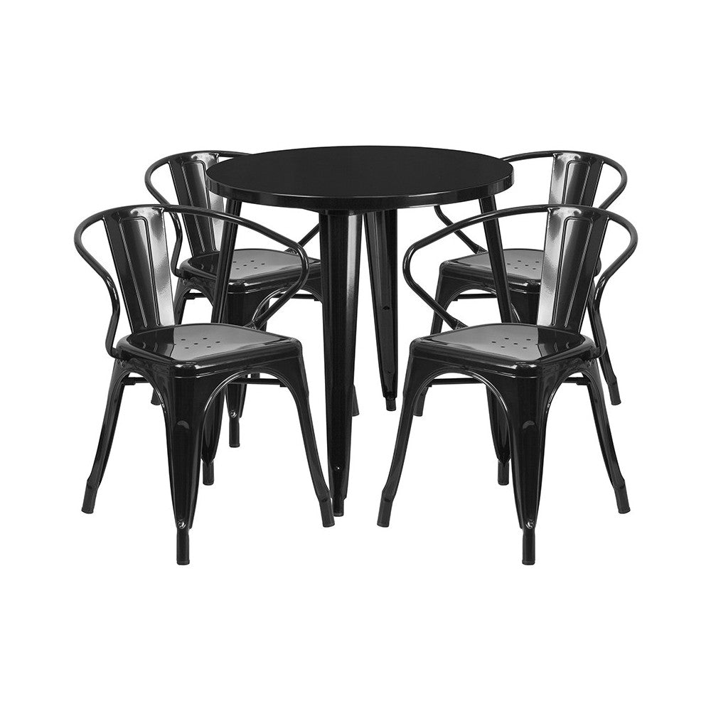 Commercial Grade 30" Round Black Metal Indoor-Outdoor Table Set with 4 Arm Chairs