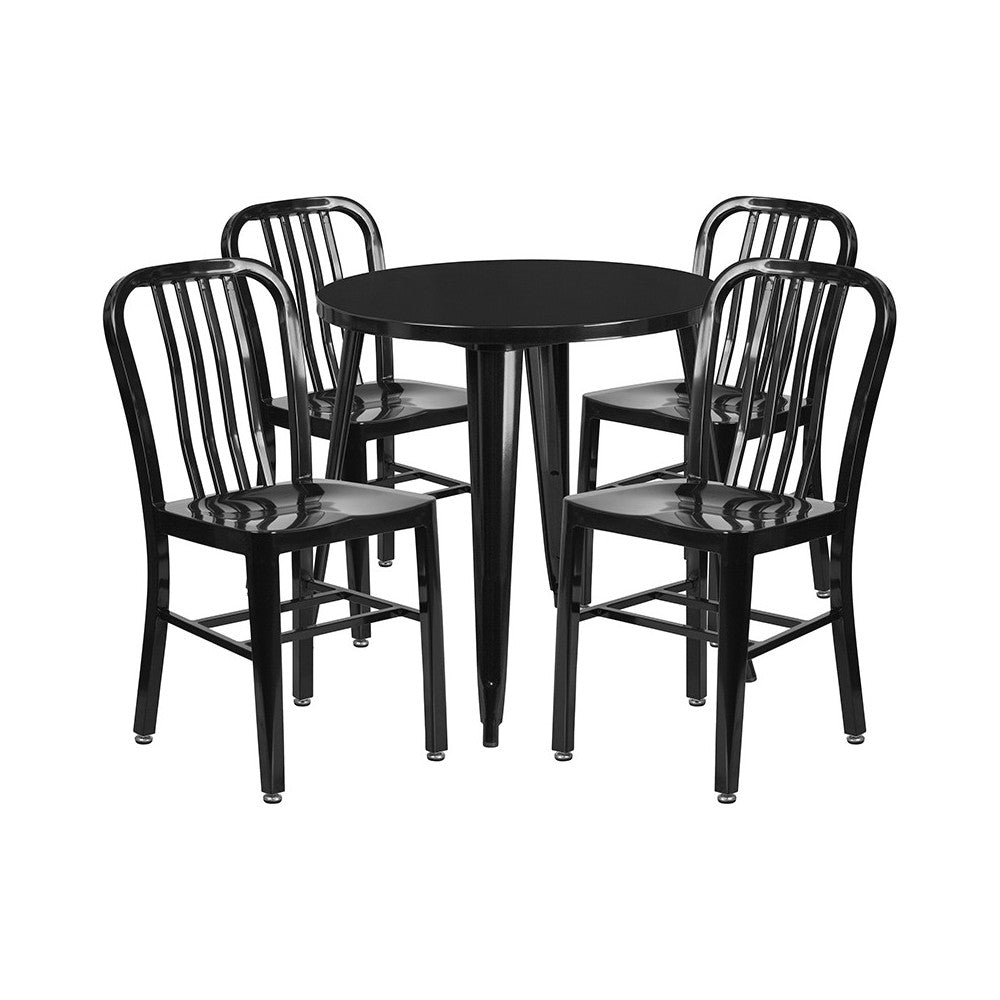 Commercial Grade 30" Round Black Metal Indoor-Outdoor Table Set with 4 Vertical Slat Back Chairs