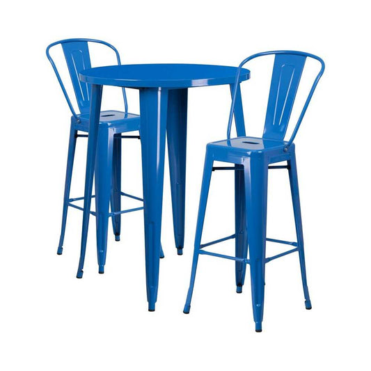 Commercial Grade 30" Round Blue Metal Indoor-Outdoor Bar Table Set with 2 Cafe Stools