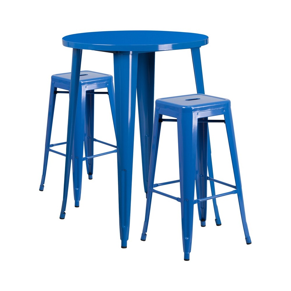 Commercial Grade 30" Round Blue Metal Indoor-Outdoor Bar Table Set with 2 Square Seat Backless Stools