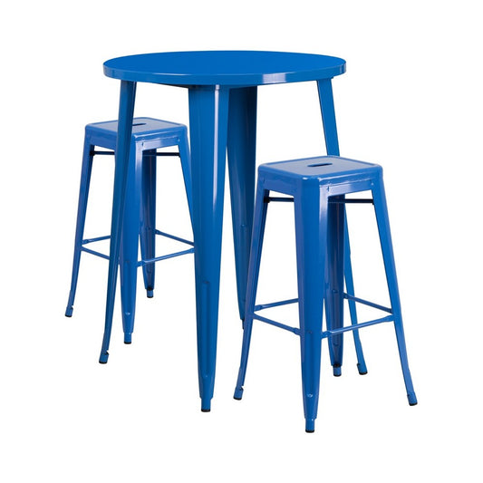 Commercial Grade 30" Round Blue Metal Indoor-Outdoor Bar Table Set with 2 Square Seat Backless Stools