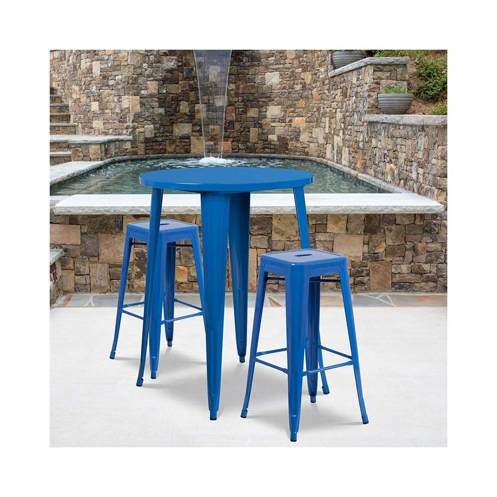 Commercial Grade 30" Round Blue Metal Indoor-Outdoor Bar Table Set with 2 Square Seat Backless Stools