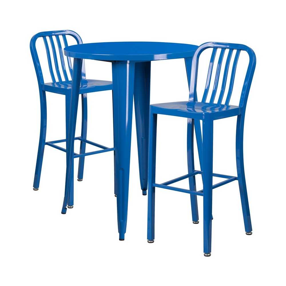 Commercial Grade 30" Round Blue Metal Indoor-Outdoor Bar Table Set with 2 Vertical Slat Back Stools