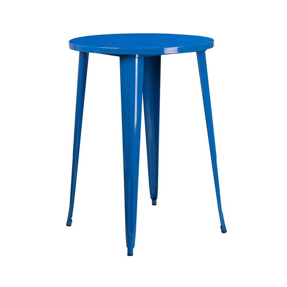 Commercial Grade 30" Round Blue Metal Indoor-Outdoor Bar Table Set with 2 Vertical Slat Back Stools