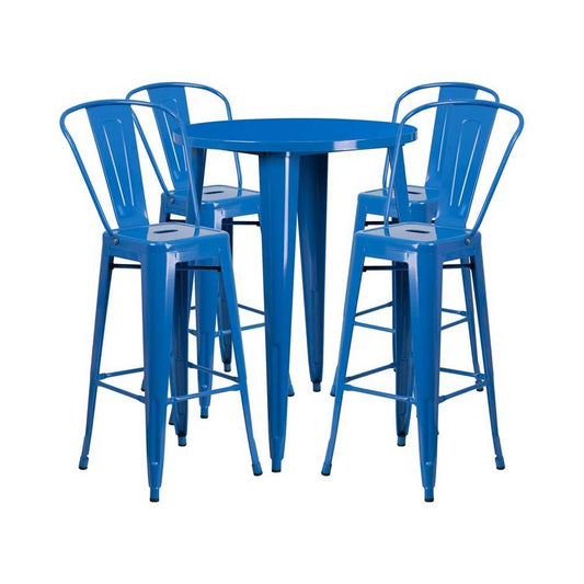 Commercial Grade 30" Round Blue Metal Indoor-Outdoor Bar Table Set with 4 Cafe Stools