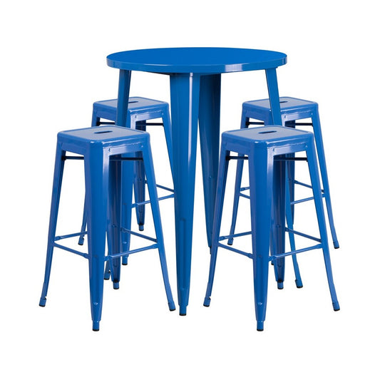 Commercial Grade 30" Round Blue Metal Indoor-Outdoor Bar Table Set with 4 Square Seat Backless Stools