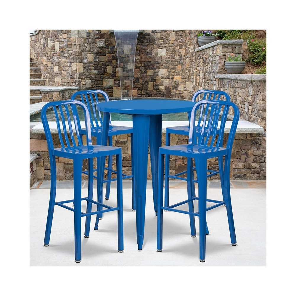 Commercial Grade 30" Round Blue Metal Indoor-Outdoor Bar Table Set with 4 Vertical Slat Back Stools