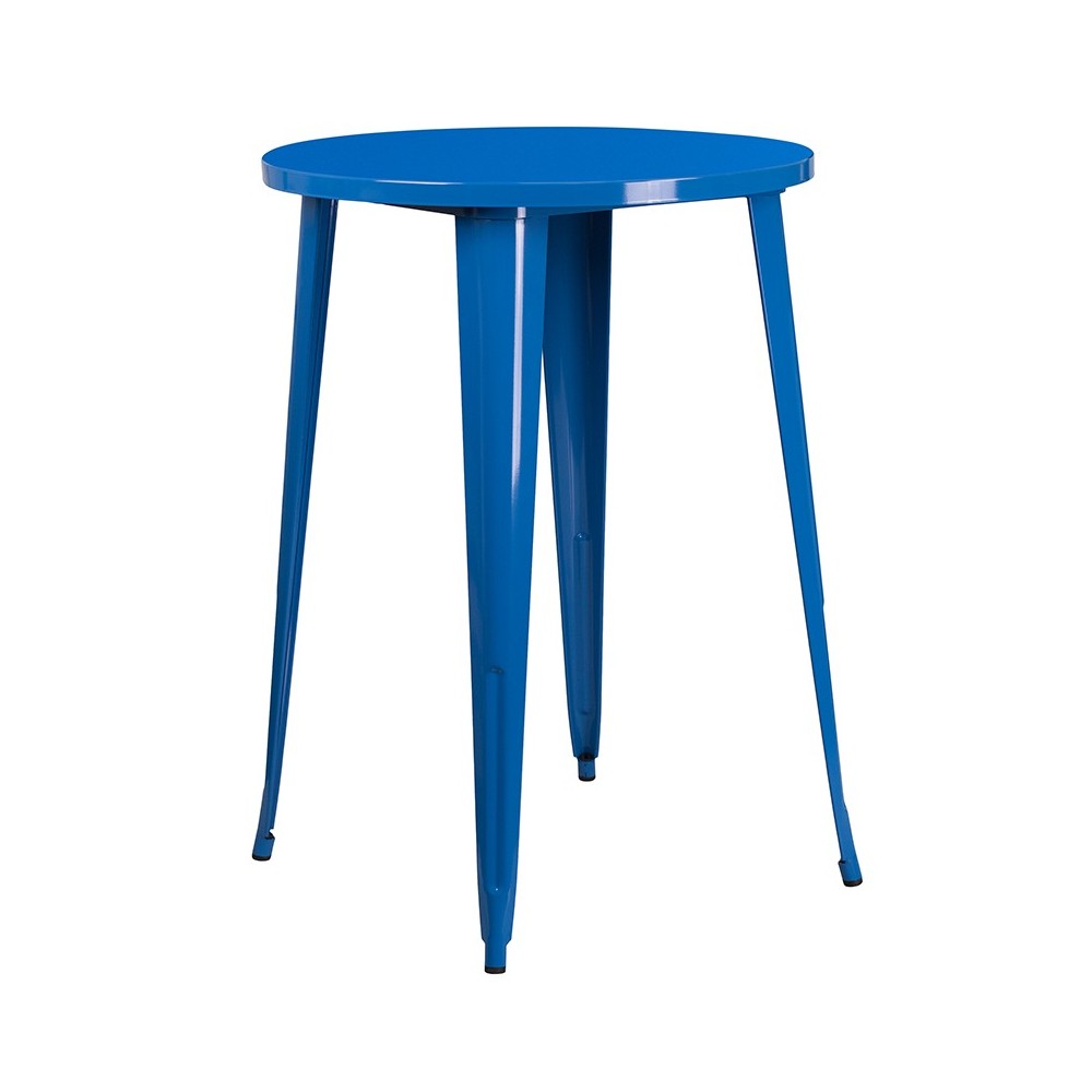Commercial Grade 30" Round Blue Metal Indoor-Outdoor Bar Table Set with 4 Vertical Slat Back Stools