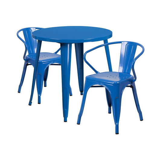 Commercial Grade 30" Round Blue Metal Indoor-Outdoor Table Set with 2 Arm Chairs