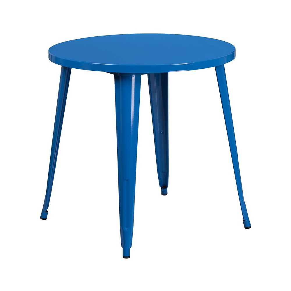 Commercial Grade 30" Round Blue Metal Indoor-Outdoor Table Set with 2 Vertical Slat Back Chairs