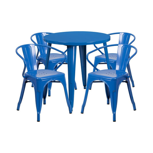 Commercial Grade 30" Round Blue Metal Indoor-Outdoor Table Set with 4 Arm Chairs