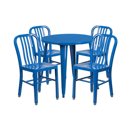 Commercial Grade 30" Round Blue Metal Indoor-Outdoor Table Set with 4 Vertical Slat Back Chairs