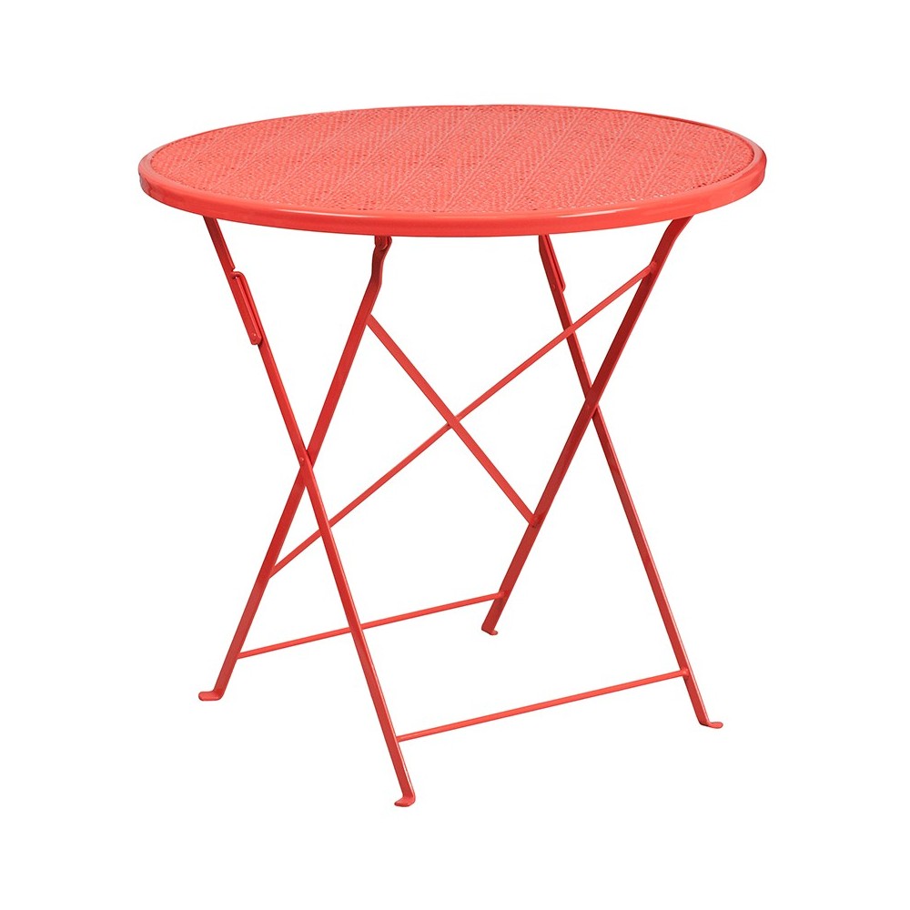 Commercial Grade 30" Round Coral Indoor-Outdoor Steel Folding Patio Table Set with 2 Round Back Chairs