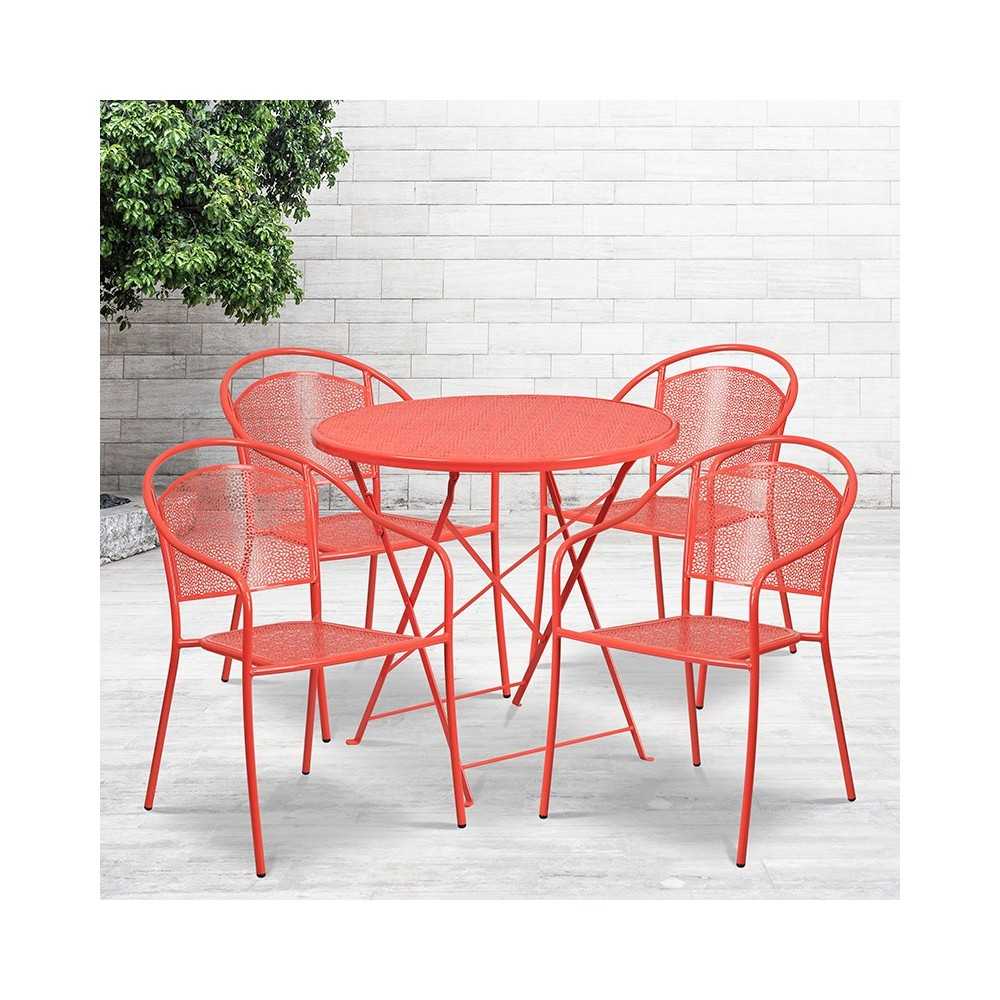 Commercial Grade 30" Round Coral Indoor-Outdoor Steel Folding Patio Table Set with 4 Round Back Chairs