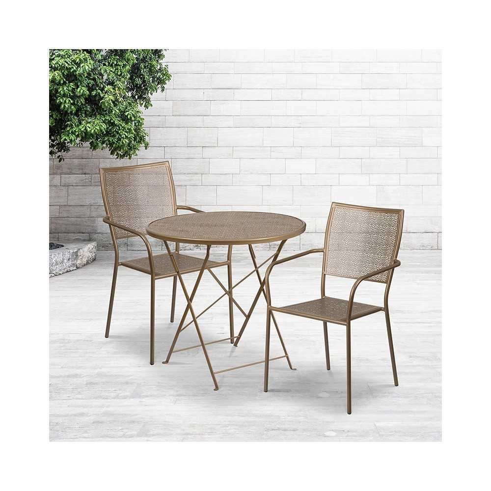 Commercial Grade 30" Round Gold Indoor-Outdoor Steel Folding Patio Table Set with 2 Square Back Chairs