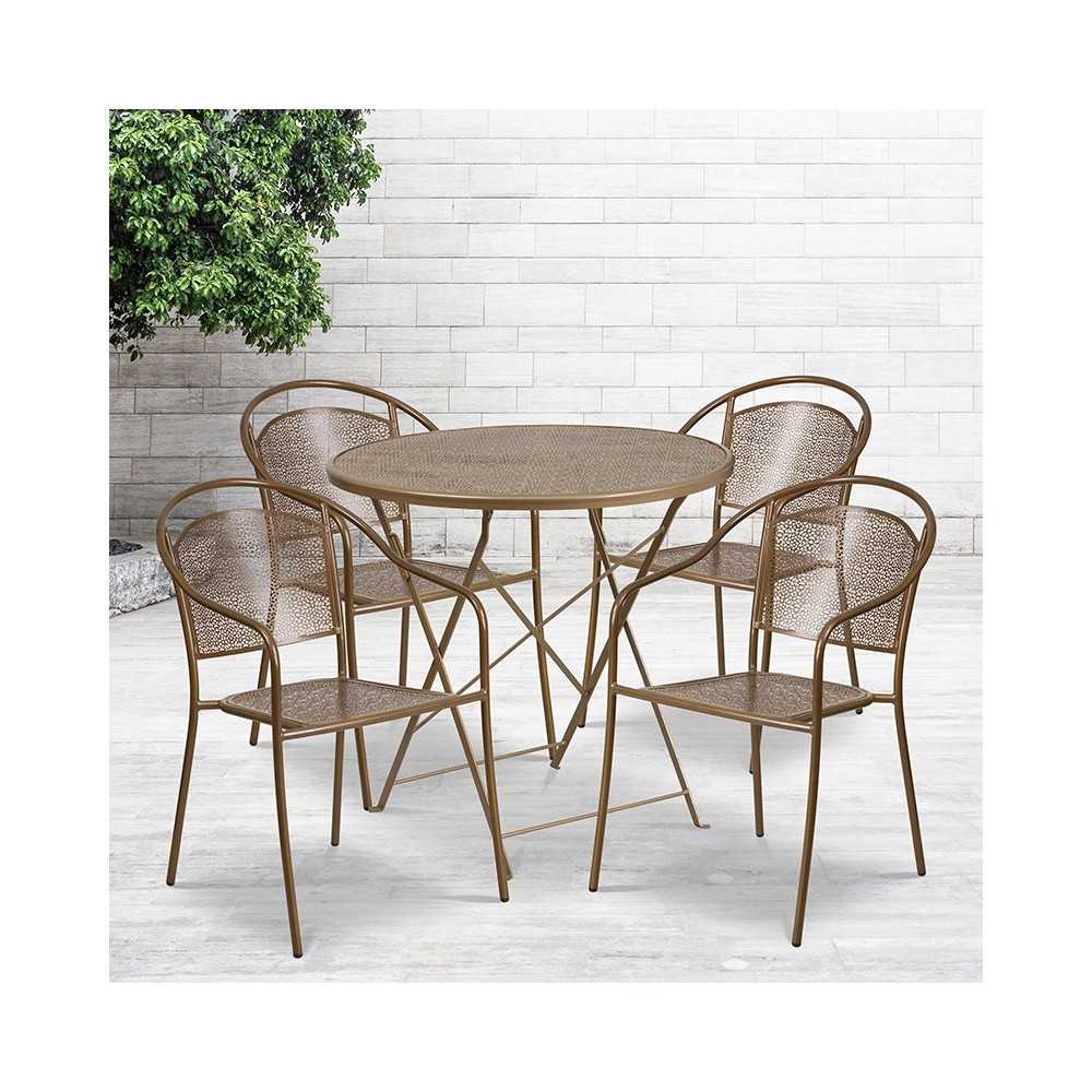 Commercial Grade 30" Round Gold Indoor-Outdoor Steel Folding Patio Table Set with 4 Round Back Chairs