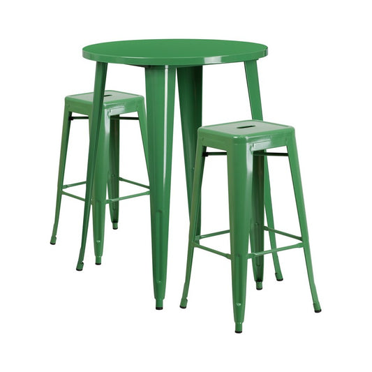 Commercial Grade 30" Round Green Metal Indoor-Outdoor Bar Table Set with 2 Square Seat Backless Stools