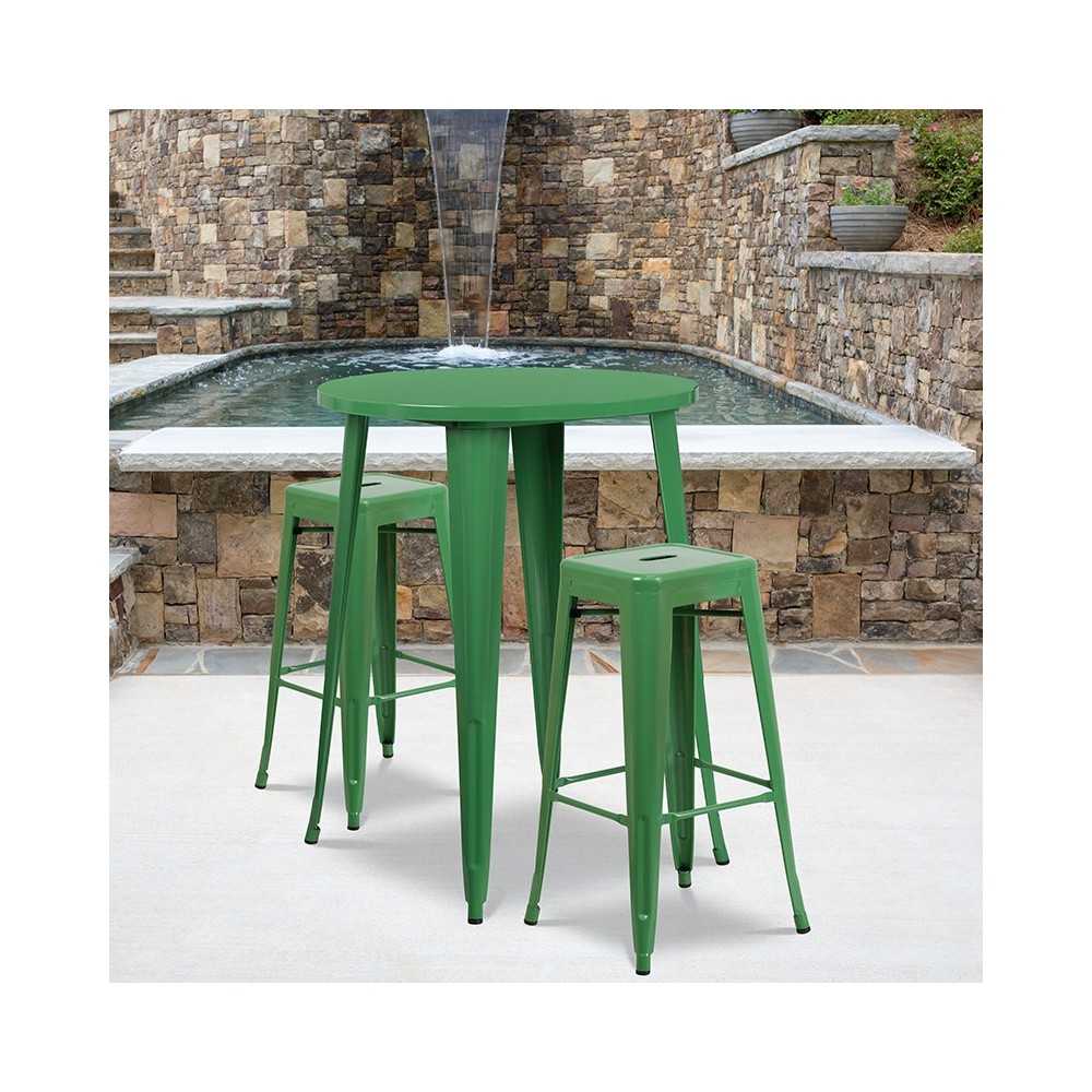 Commercial Grade 30" Round Green Metal Indoor-Outdoor Bar Table Set with 2 Square Seat Backless Stools