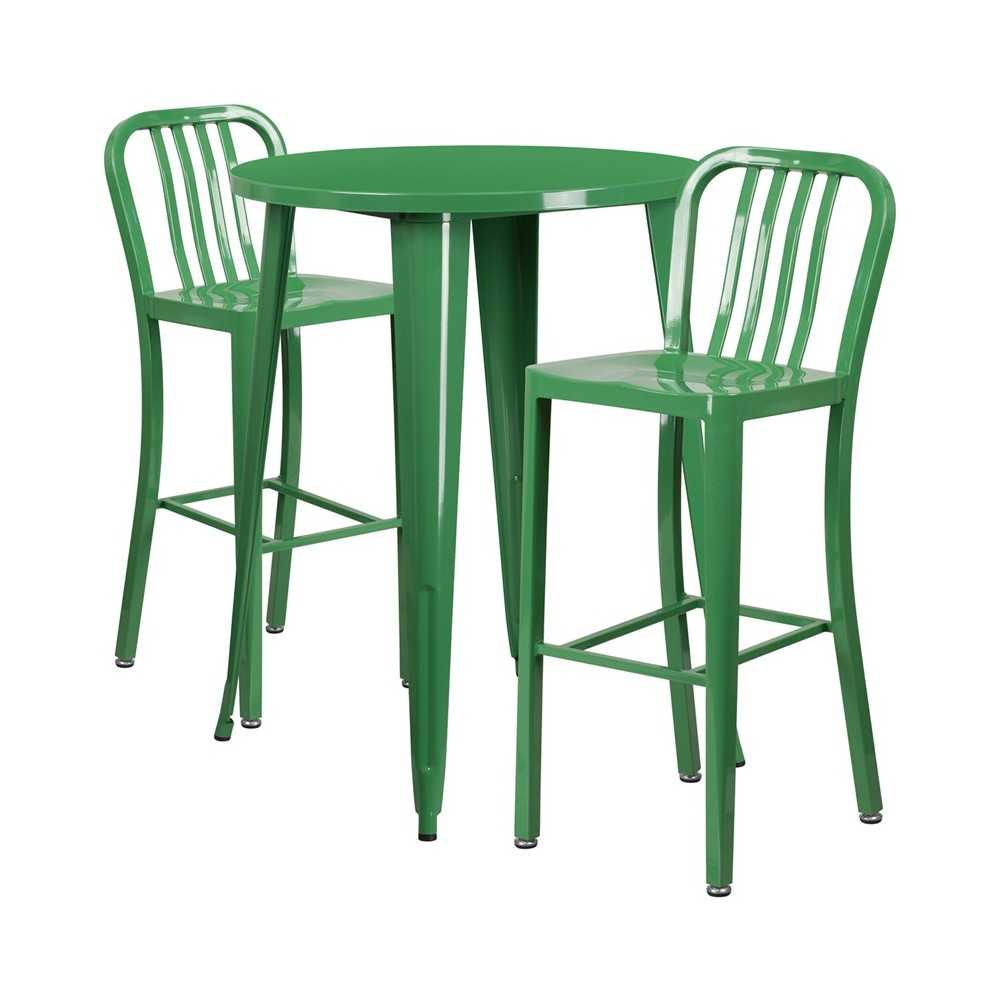 Commercial Grade 30" Round Green Metal Indoor-Outdoor Bar Table Set with 2 Vertical Slat Back Stools