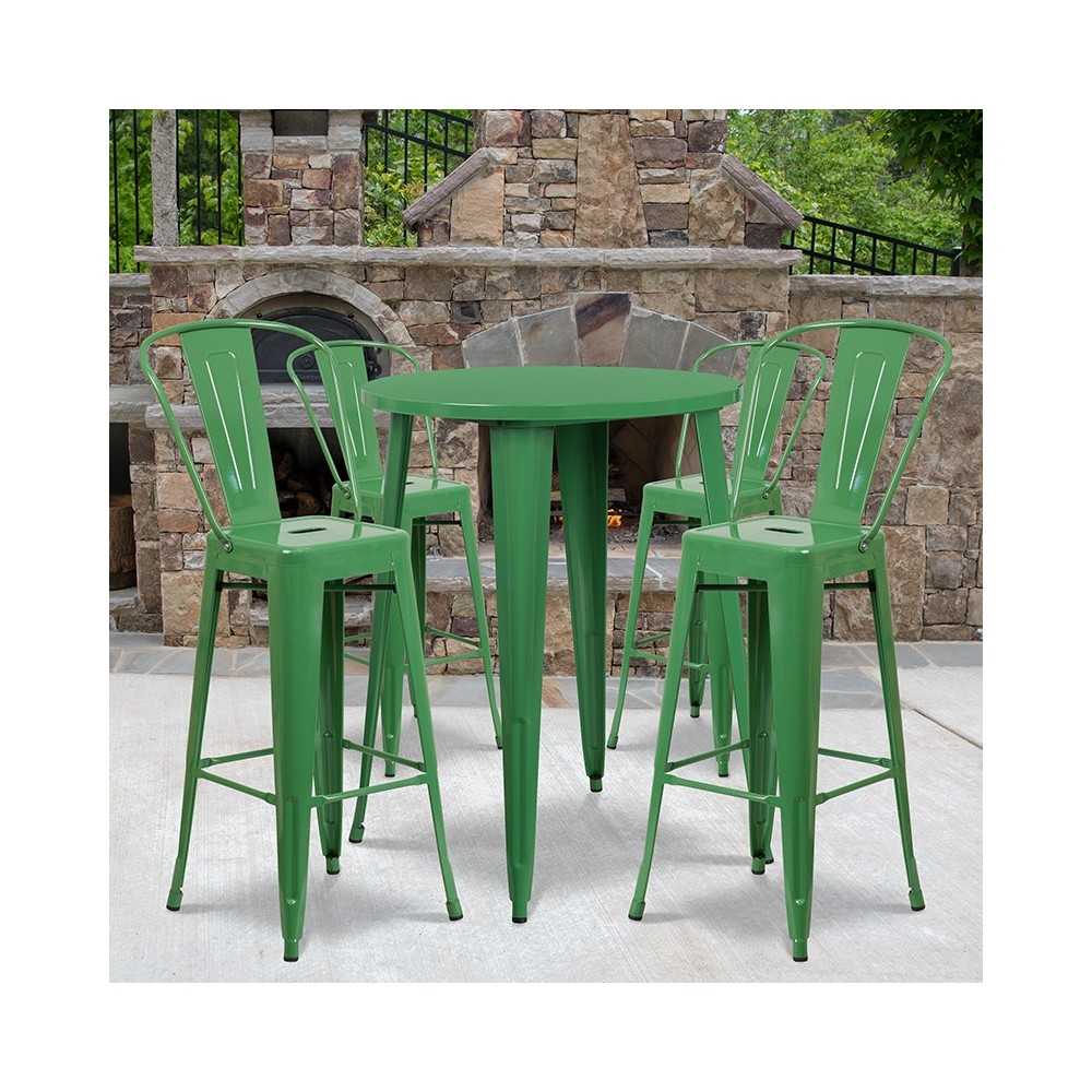 Commercial Grade 30" Round Green Metal Indoor-Outdoor Bar Table Set with 4 Cafe Stools