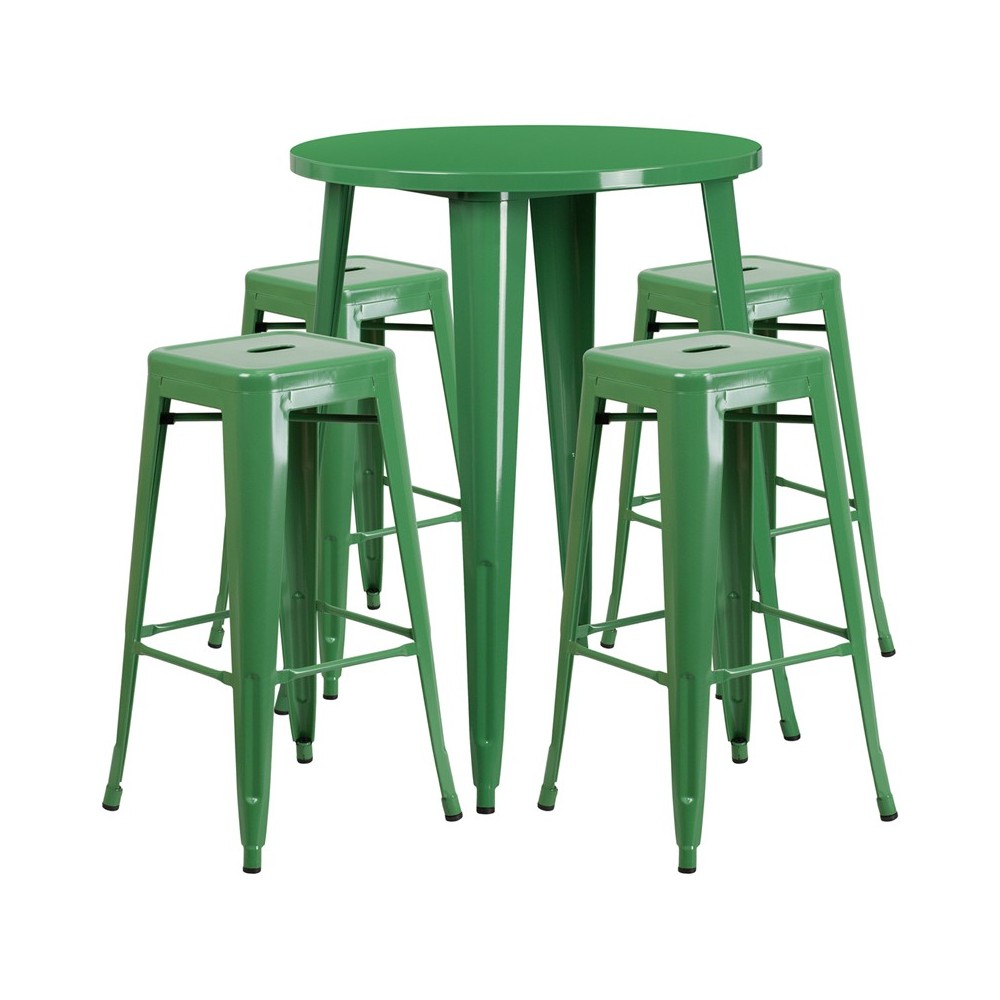 Commercial Grade 30" Round Green Metal Indoor-Outdoor Bar Table Set with 4 Square Seat Backless Stools