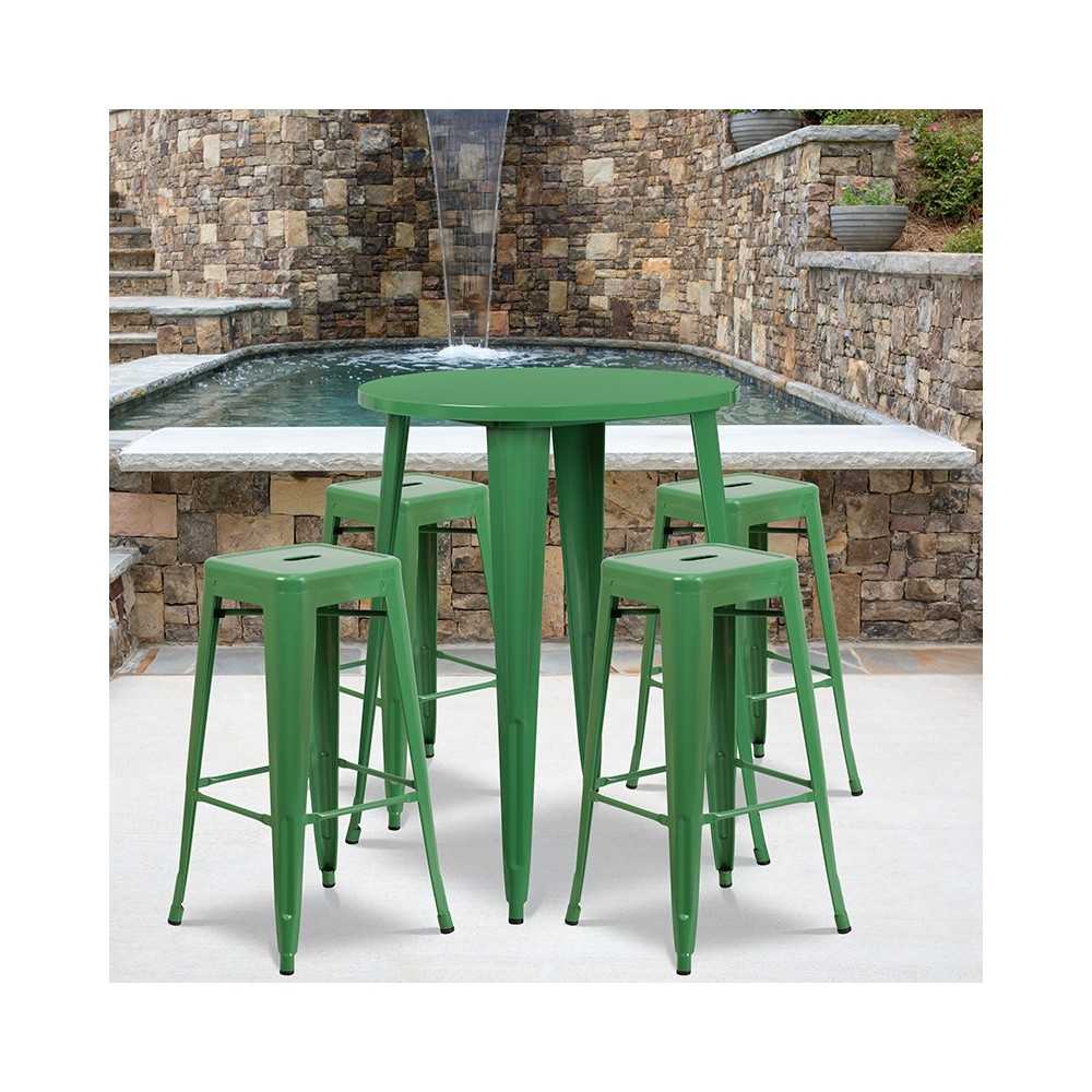 Commercial Grade 30" Round Green Metal Indoor-Outdoor Bar Table Set with 4 Square Seat Backless Stools