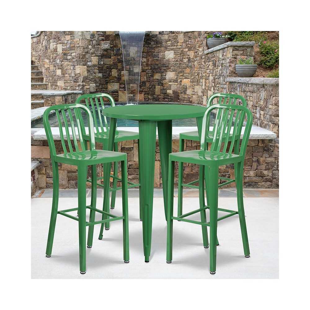 Commercial Grade 30" Round Green Metal Indoor-Outdoor Bar Table Set with 4 Vertical Slat Back Stools