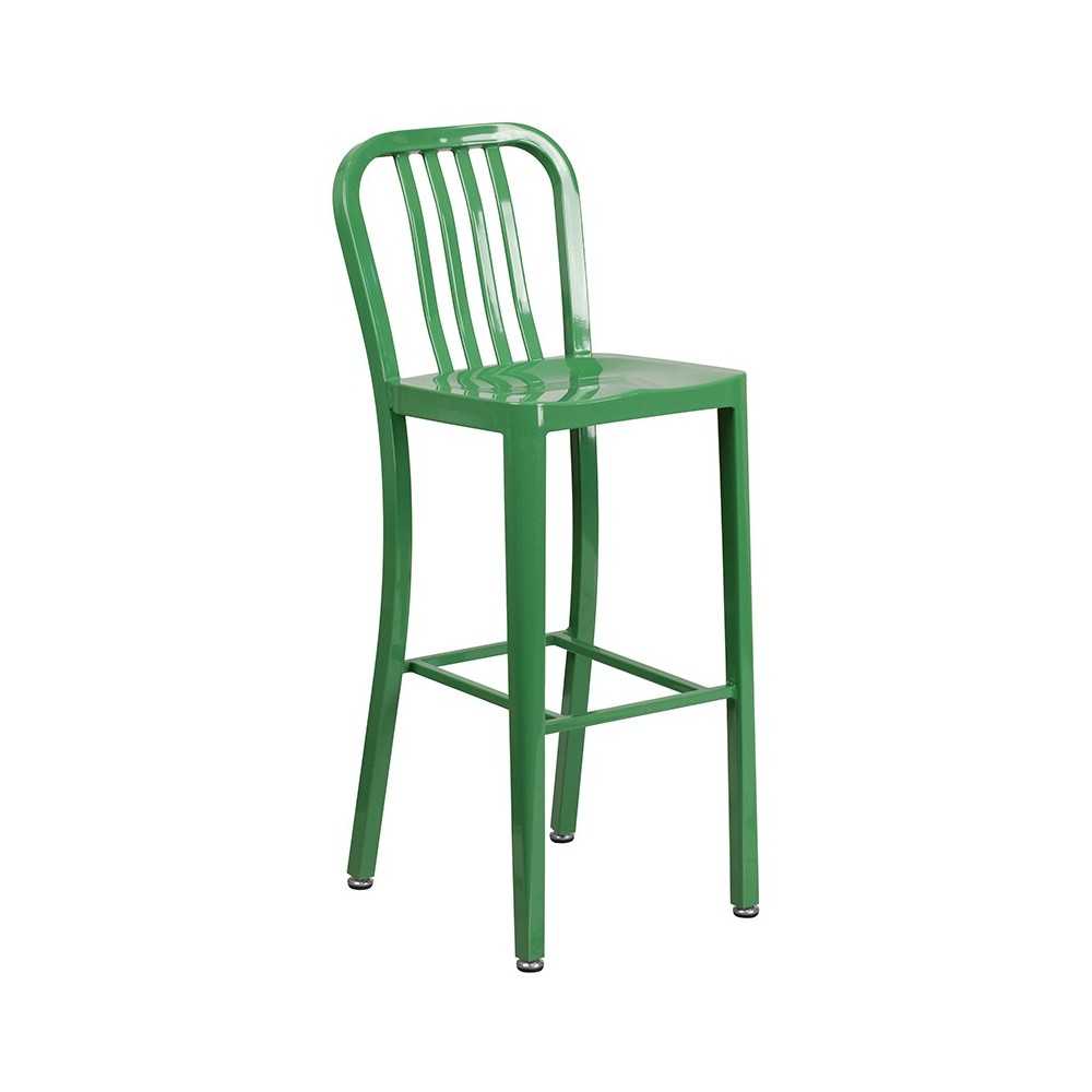 Commercial Grade 30" Round Green Metal Indoor-Outdoor Bar Table Set with 4 Vertical Slat Back Stools