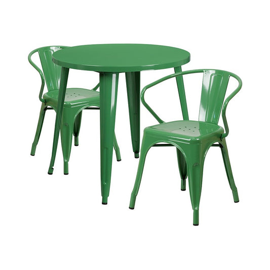 Commercial Grade 30" Round Green Metal Indoor-Outdoor Table Set with 2 Arm Chairs