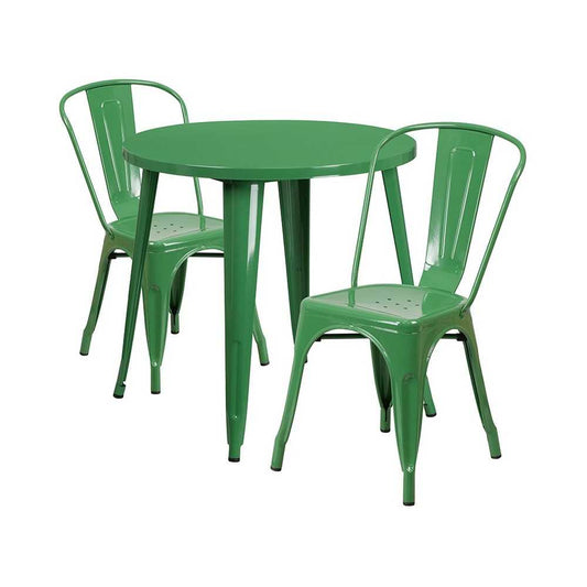 Commercial Grade 30" Round Green Metal Indoor-Outdoor Table Set with 2 Cafe Chairs